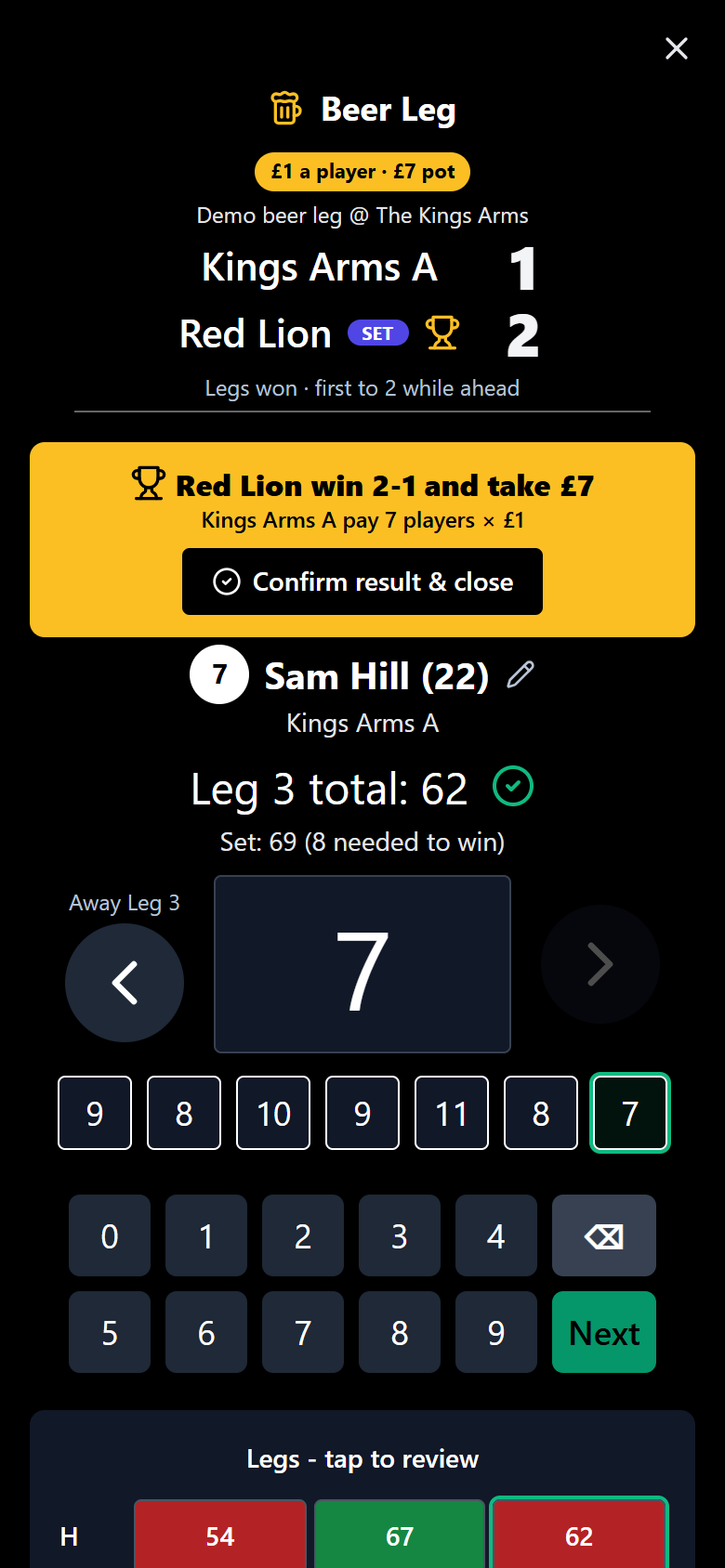 The Beer Leg result banner on a phone, showing the winners and the pot