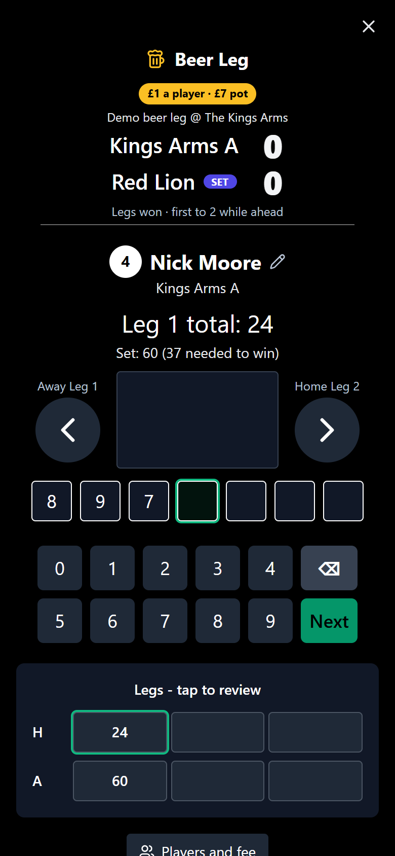Scoring a Beer Leg on a phone, with the score box, keypad and leg summary