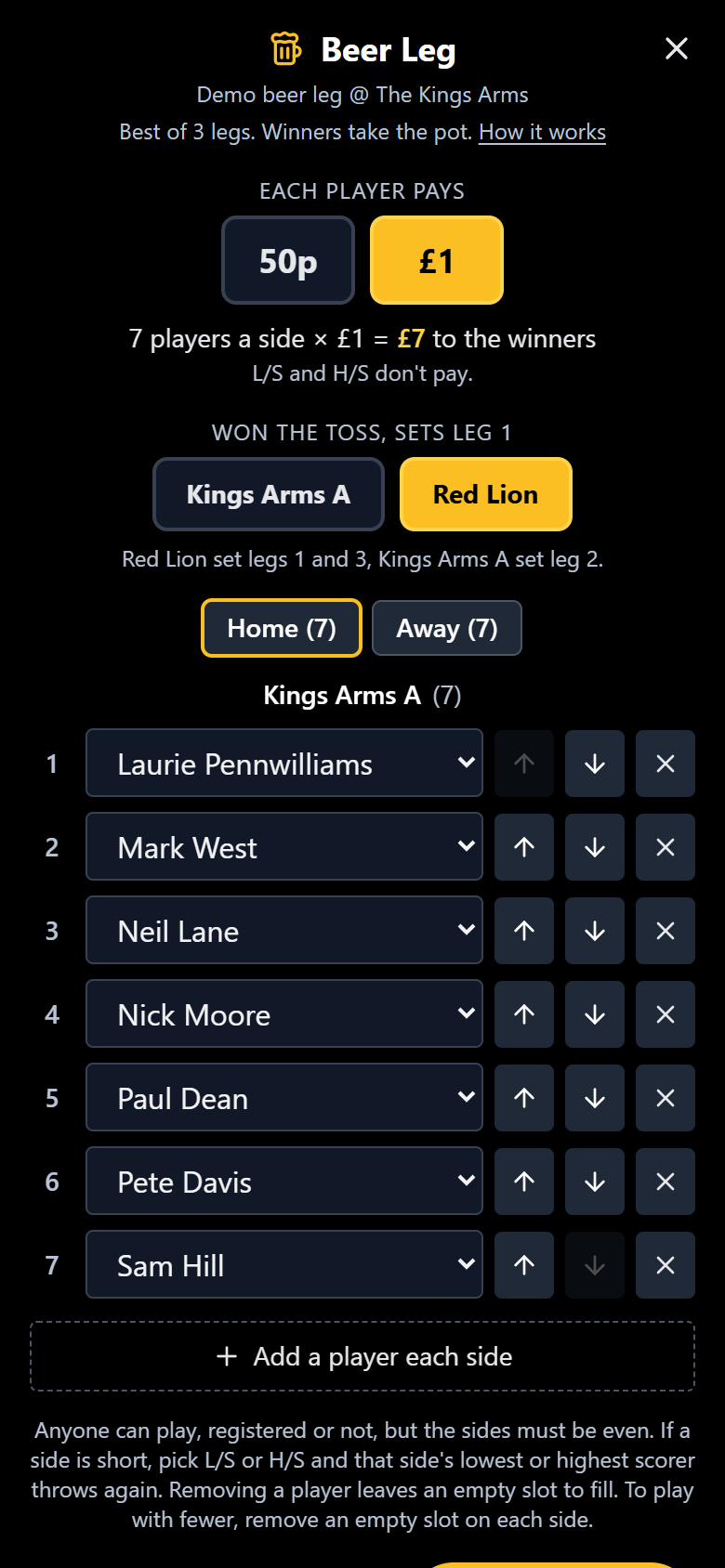 The Beer Leg setup screen on a phone, with the fee, both sides and the coin toss