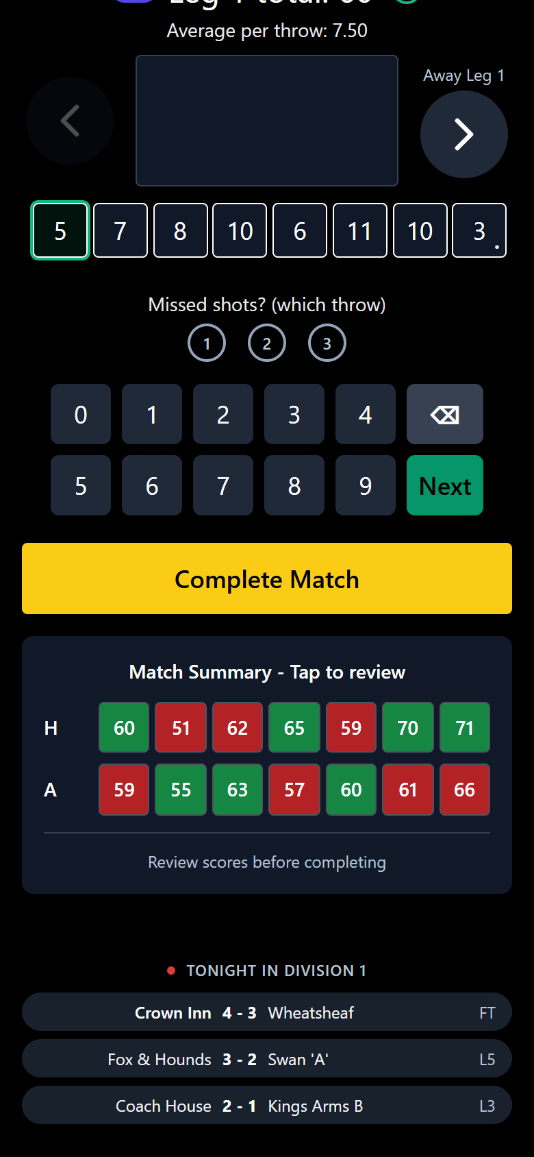 The Complete Match button above the match summary, with each leg coloured green or red