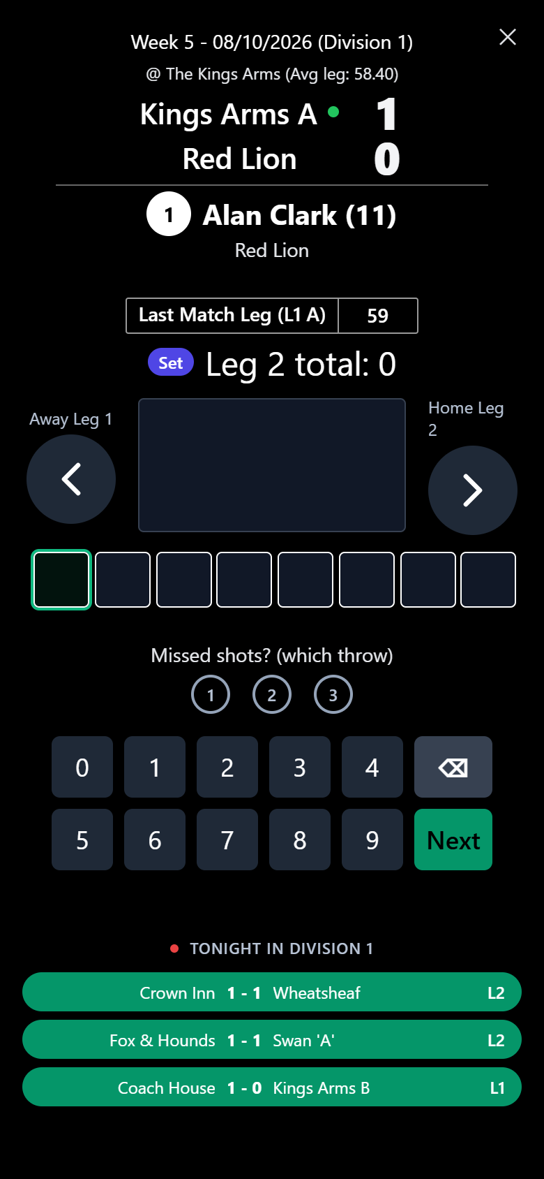 The latest scores from the other games, under the keypad