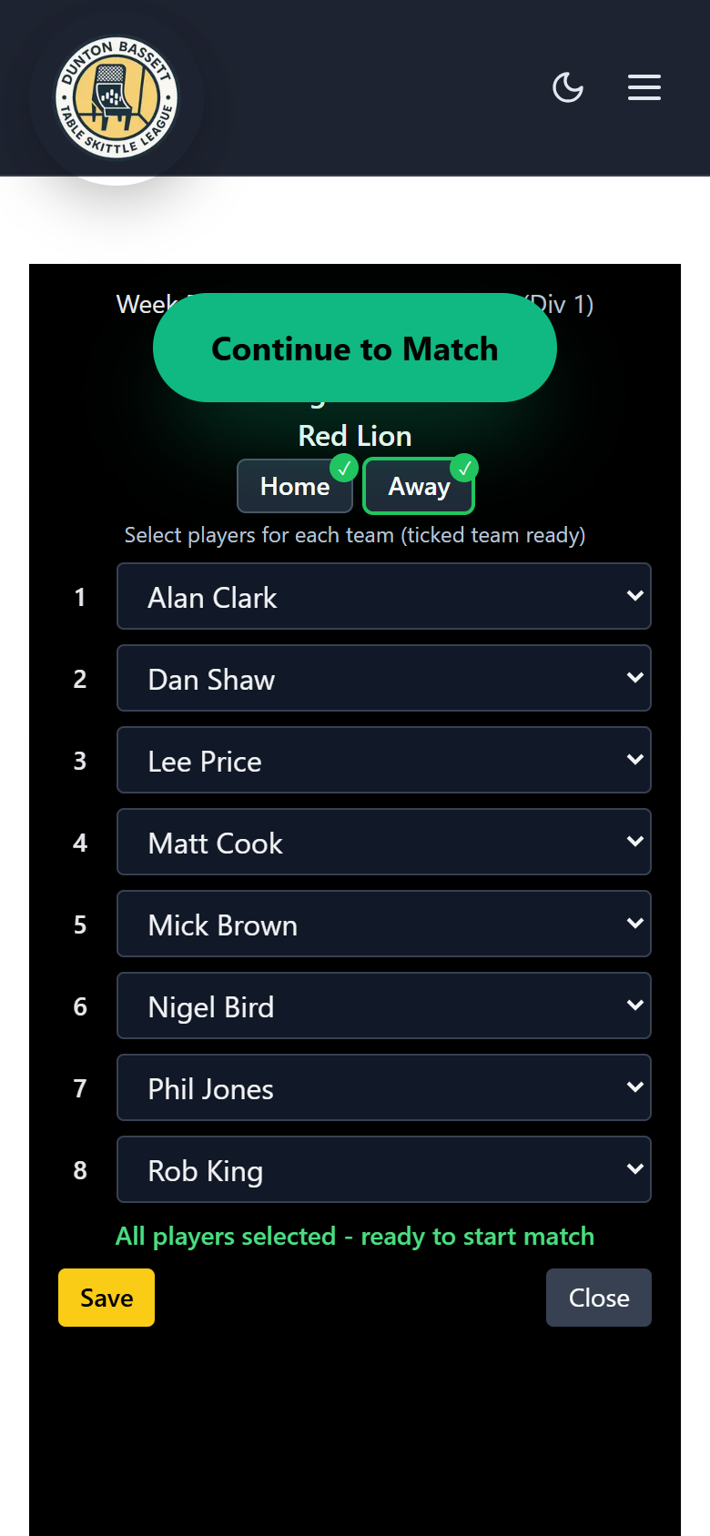 Picking eight players for each side, with the Continue to Match button