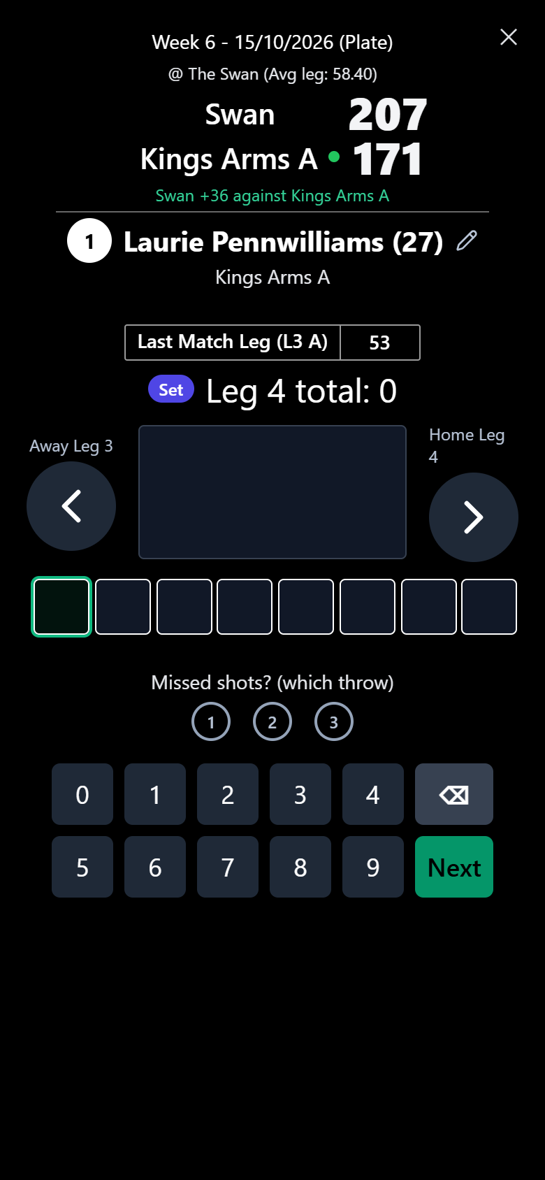 A Plate match scored on total pins, with the lead shown under the score