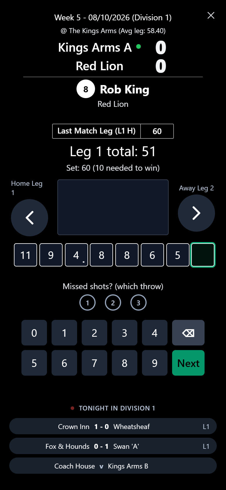 Scoring on a phone: the player, the set and how many are needed, the keypad and the latest scores