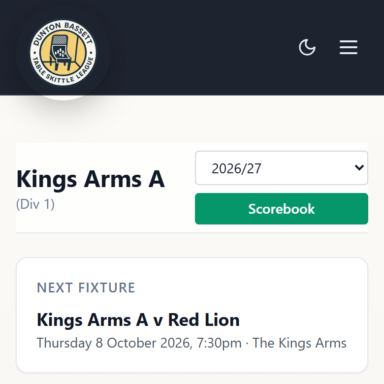 A team page with the green Scorebook button next to the season picker